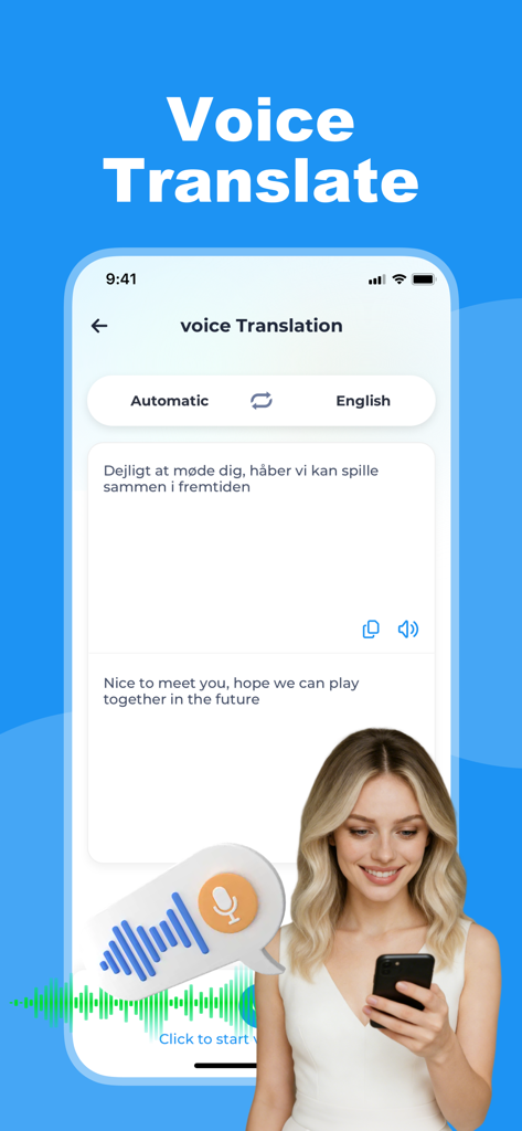 Una pantalla de smartphone que muestra la función de traducción de voz convirtiendo danés a inglés con una mujer usando la aplicación