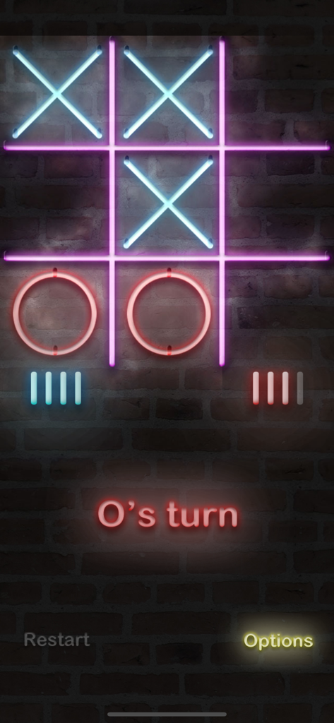 Tic Tac Toe - FULL GAME - Partida de Tic Tac Toe con símbolos X en azul neón y O en rojo sobre un fondo de pared de ladrillos oscuros