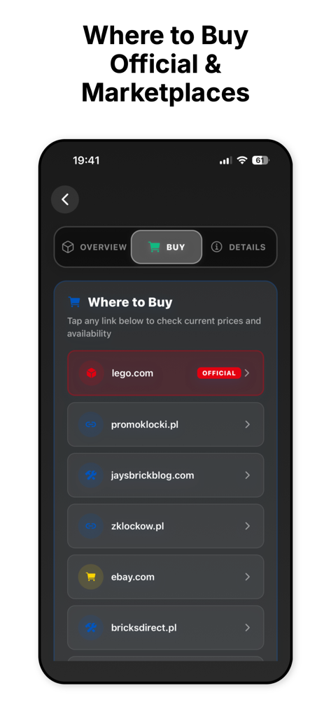 Scanner For Lego Sets - Tela do aplicativo móvel mostrando links para a loja oficial LEGO e outros mercados como eBay e BricksDirect.