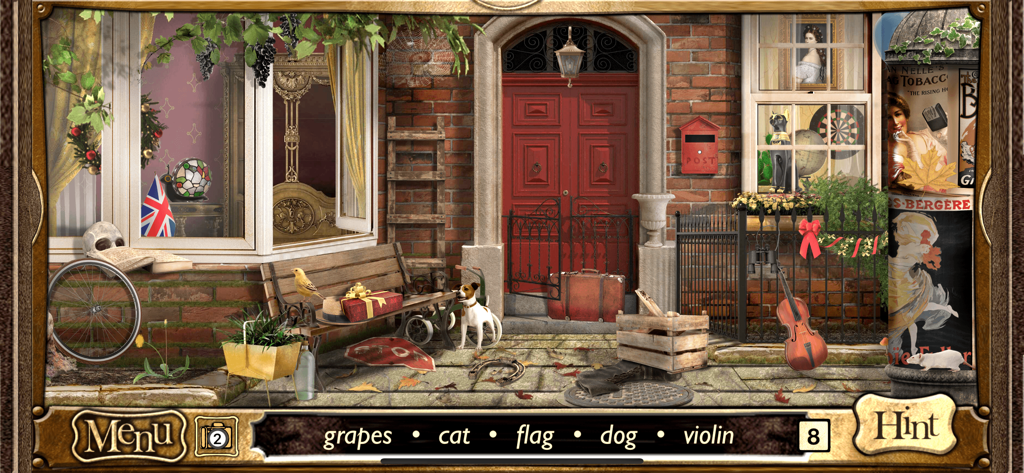 Hidden Objects Sherlock Holmes - A Victorian street scene where players find hidden objects like a dog and violin in the Sherlock Holmes game.