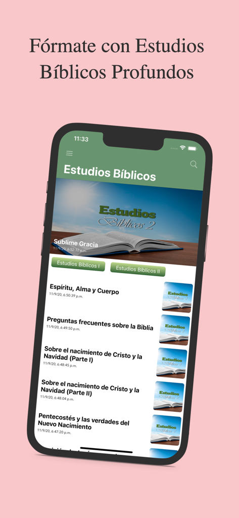 Estudios Bíblicos Profundos - iPhone mostrando la aplicación Estudios Biblicos Profundos con una lista de temas de estudio bíblico en español