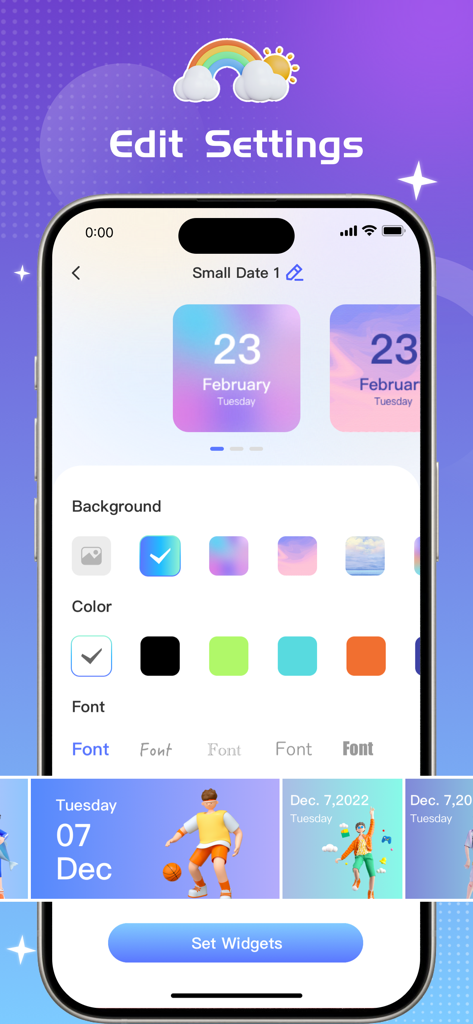 Cloud Widgets Wallpapers Shop - Interface of Cloud Widgets app showing customization options for a date widget including background colors and fonts