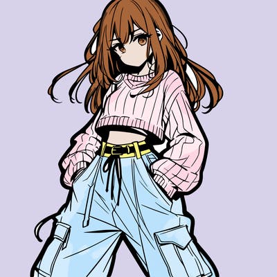 anime teen girl with baggy pants and crop top with sweater