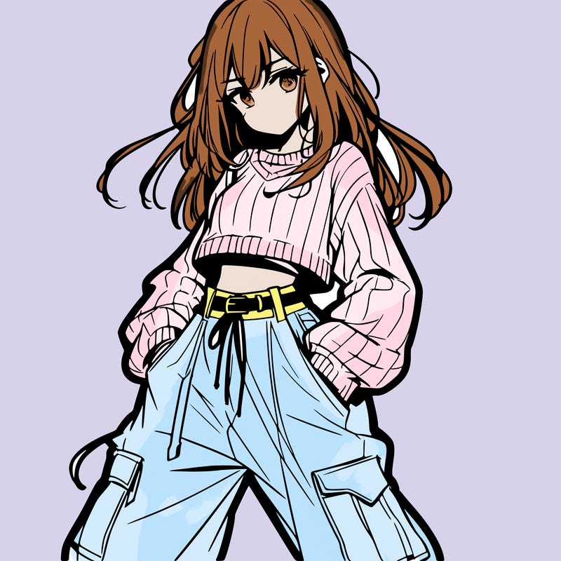 anime teen girl with baggy pants and crop top with sweater