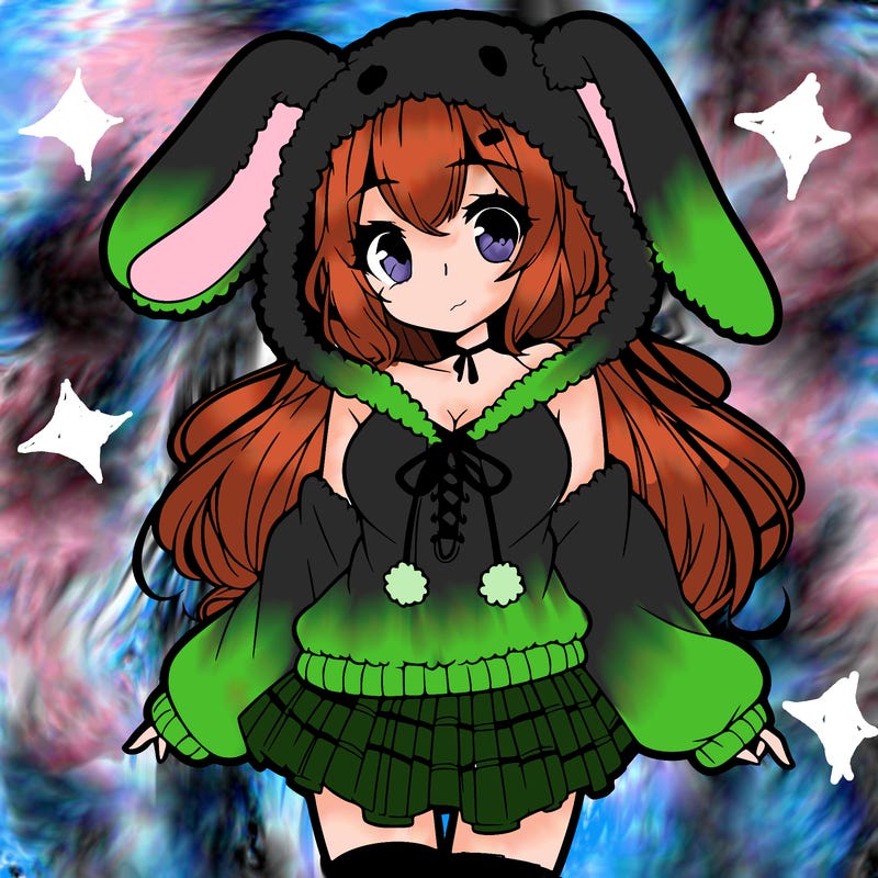 pretty anime girl wearing a fluffy hoodie with bunny ears on the hood and a skirt