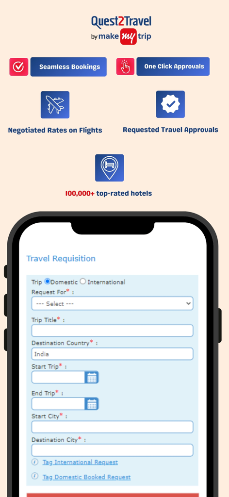 Quest2Travel mobile app interface showing a corporate travel requisition form and key booking features.