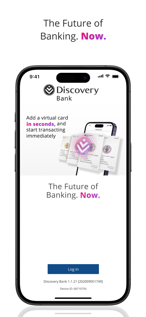 Discovery Bank - Discovery Bank login page on a smartphone showcasing virtual bank cards and the tagline The Future of Banking Now.