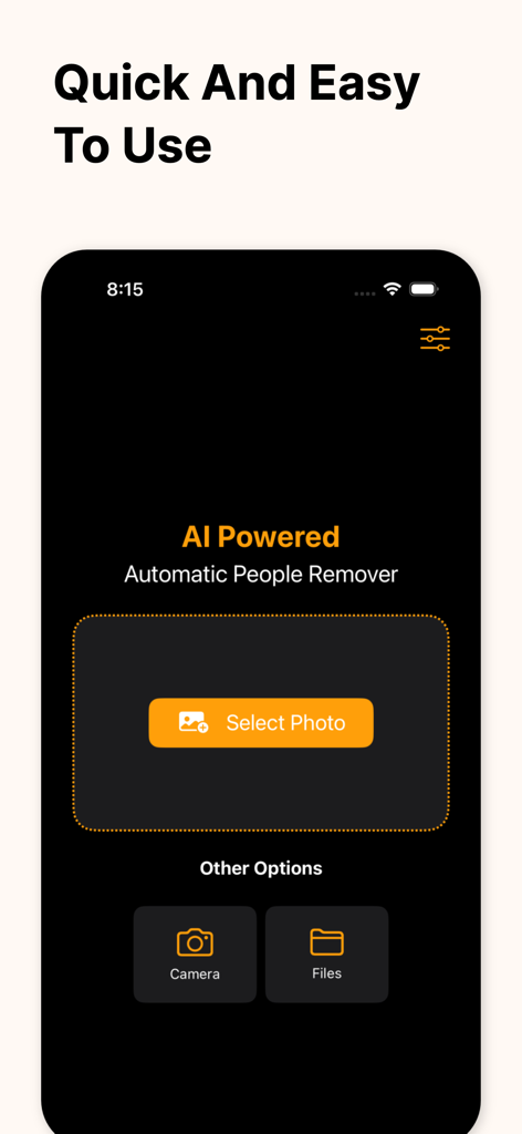 Remove people from photos - Tela inicial do aplicativo removedor automático de pessoas com IA, mostrando opções de seleção de fotos