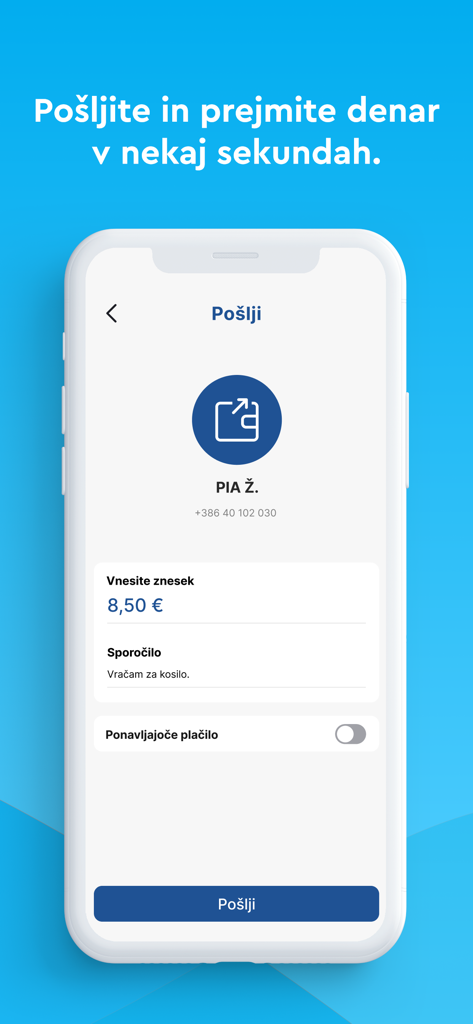Flik Pay - Interface de l'application mobile Flik Pay pour l'envoi d'argent à un contact