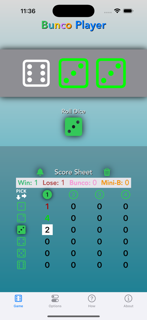 A mobile interface for the Bunco Player app featuring digital dice rolls and an automated game score sheet