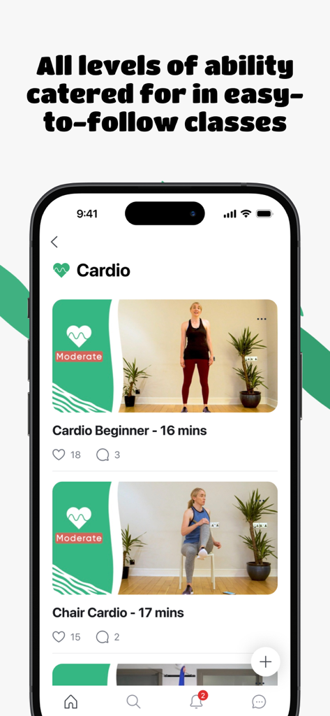 The Zebra Club - Una pantalla de teléfono inteligente que muestra las opciones de entrenamiento cardiovascular en la aplicación The Zebra Club, incluidas las clases de cardio para principiantes y en silla.