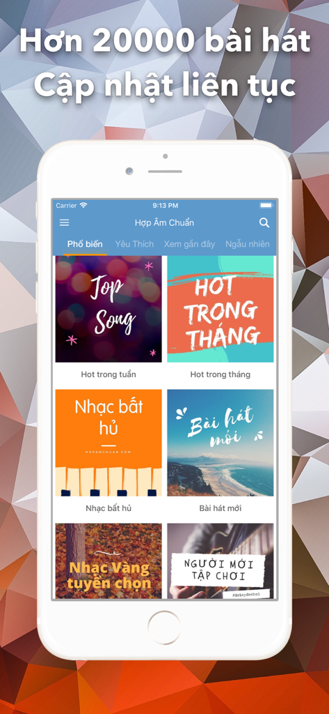 Hop Am Chuan - Guitar Tabs - Mobile interface of Hop Am Chuan showing various categories of Vietnamese guitar chords and song tabs
