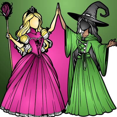 detailed realistic split of a princess and a witch