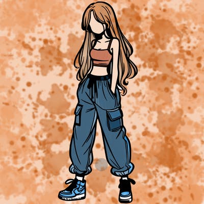 girl in baggy pants crop top and long hair