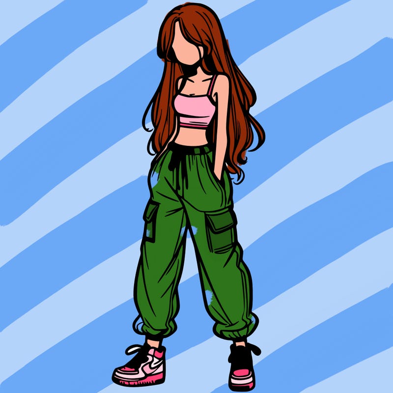 girl in baggy pants crop top and long hair