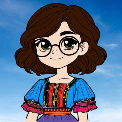 one girl with medium short hair, which are wavy. she has round glasses. she wears a latina outfit.