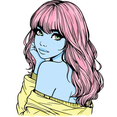 realistic girl with bangs looking over her shoulder