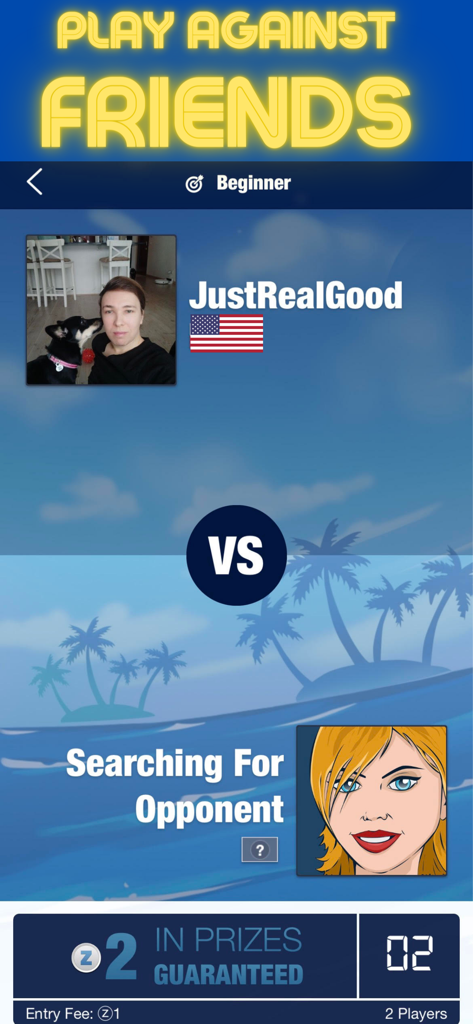 Jewel Match - Win Real Money - Schermata di competizione testa a testa di Jewel Match che mostra la ricerca dell'avversario e le informazioni sul montepremi