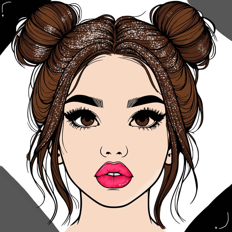 realistic girl with two buns on her hair and lips