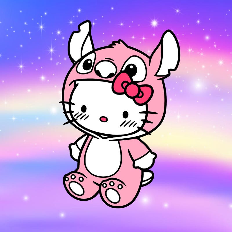 little cute hello kitty, blushing with little stitch costume