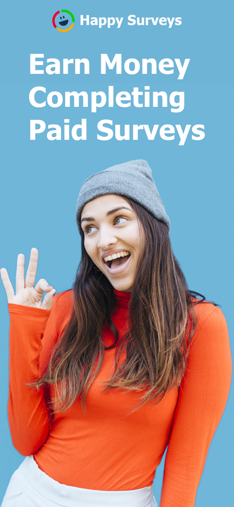 Happy Surveys – Easy Cash App - A smiling young woman making an OK gesture next to the text Earn Money Completing Paid Surveys for the Happy Surveys app