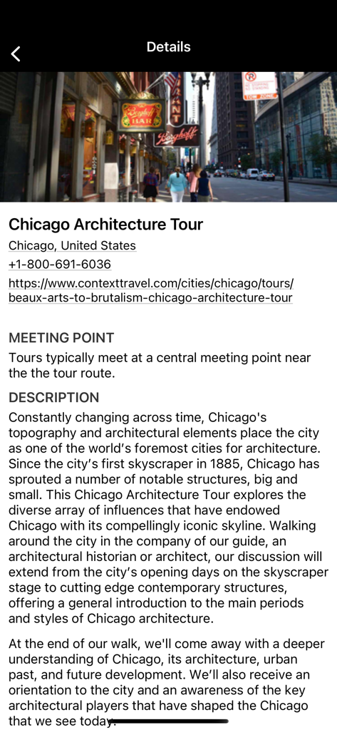 Chicago Architecture Tour details page in the TravelManagers Australia app