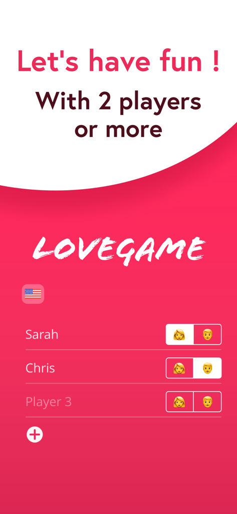 Sex & Love Game for Couple 18+ - Tela de configuração do LoveGame para casais inserirem nomes e selecionarem o gênero