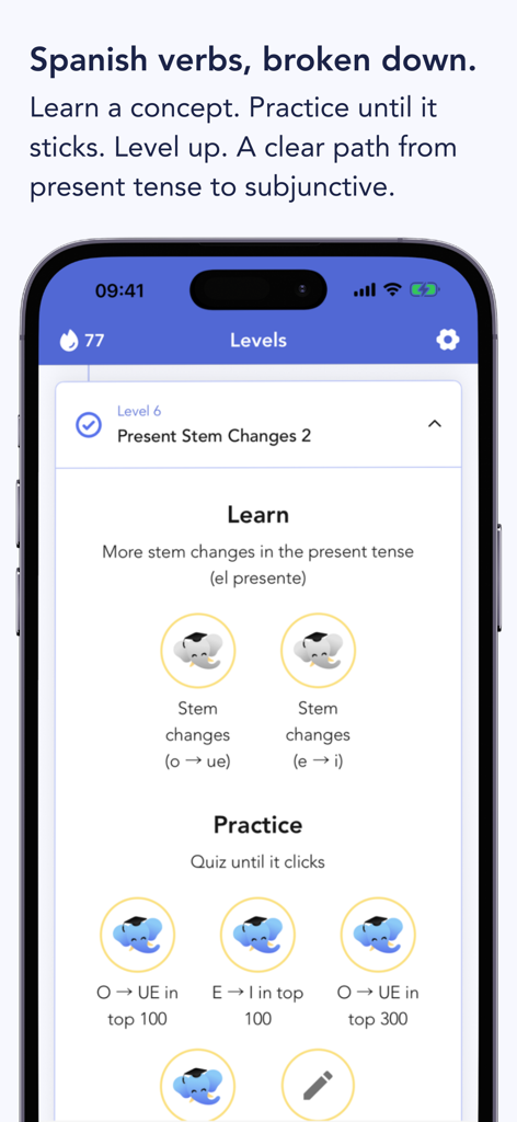Ella Verbs: Learn Spanish - Pantalla de la aplicación Ella Verbs que muestra el camino de aprendizaje estructurado para la conjugación de verbos españoles.