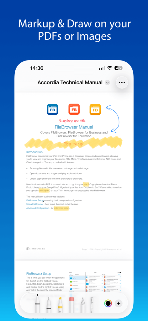 Screenshot of the FileBrowser app showing PDF markup and drawing tools used on a technical manual.