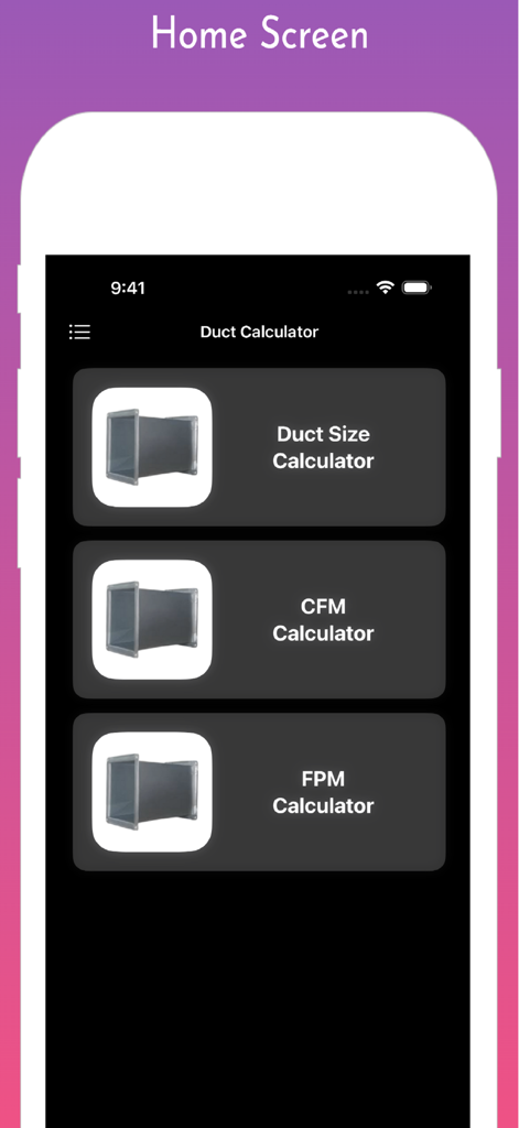 Home screen of the Duct Calculator Pro app showing options for Duct Size CFM and FPM calculators