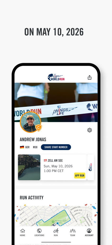 Wings for Life World Run app user profile showing a race ticket and activity map