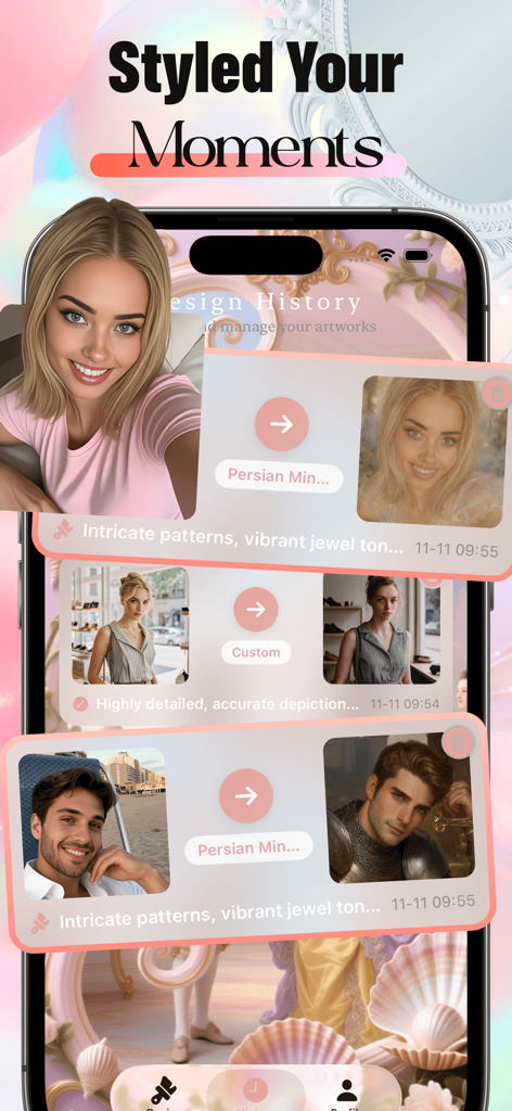 Dron - Artful Joy - Dron-App-Bildschirm zeigt Porträts, die über KI in verschiedene klassische Kunststile verwandelt wurden
