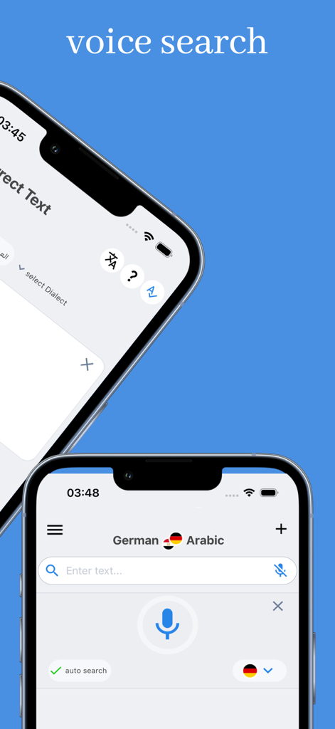Benutzeroberfläche der arabdict Dictionary-App, die die Sprachsuchfunktion für die deutsche und arabische Übersetzung zeigt.