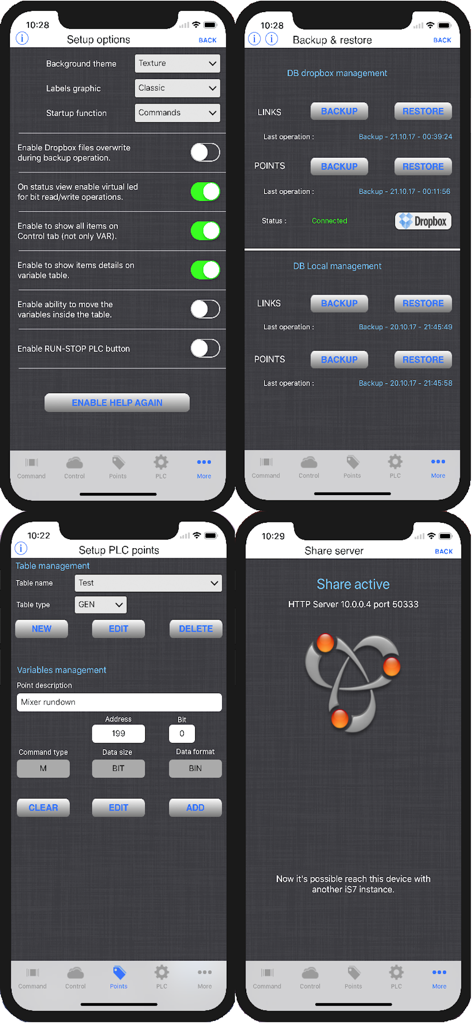 iS7 - Vier Screenshots der iS7 App, die Einrichtungsoptionen, Datensicherung und -wiederherstellung, SPS-Punktkonfiguration und den aktiven Share-Server-Bildschirm für die industrielle Automatisierung zeigen.