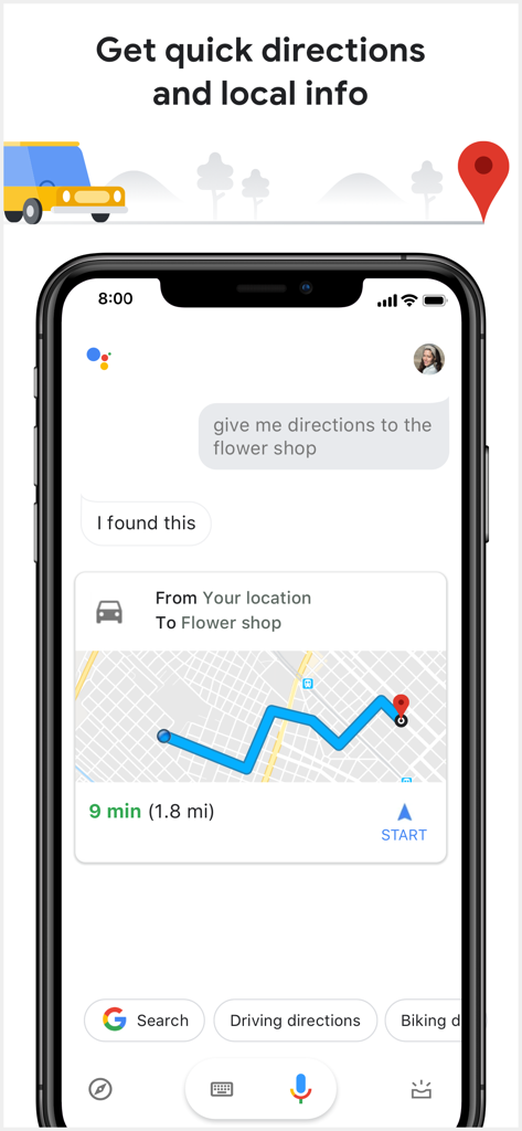 Google Assistant displaying driving directions and a map on an iPhone screen