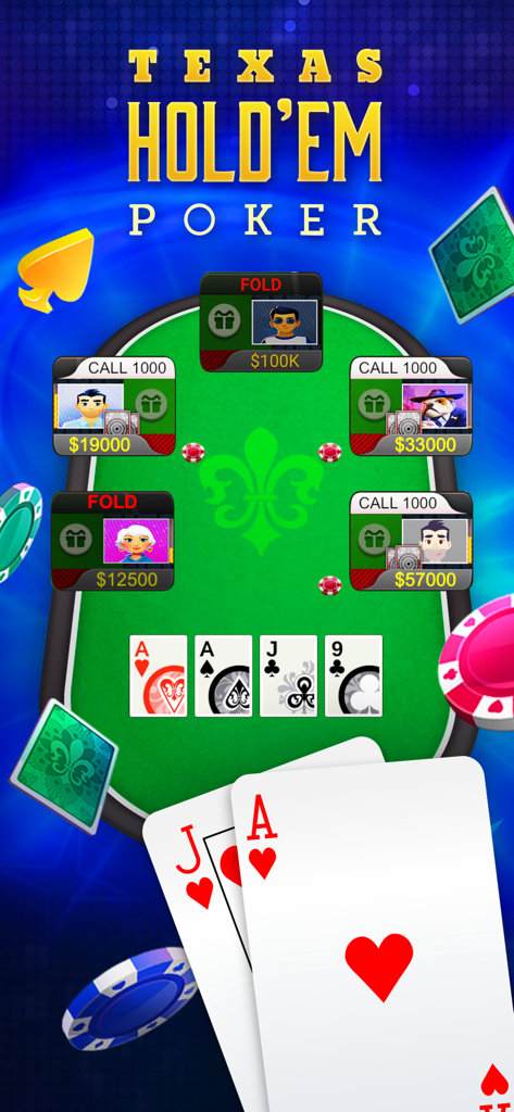 A virtual Texas Holdem Poker game table with players and cards in Big Fish Casino.