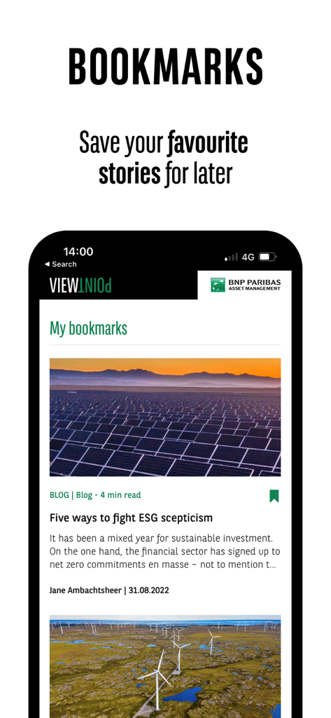Mobile screen showing the bookmarks section of the Viewpoint by BNP Paribas app featuring a saved article on ESG investment strategies.