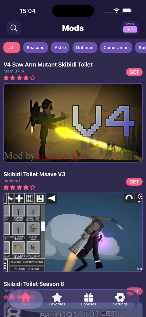 멜론 샌드박스용 Skibidi Toilet 캐릭터 모드 목록을 보여주는 Ragdoll Mods Skibidi Titans 앱 인터페이스