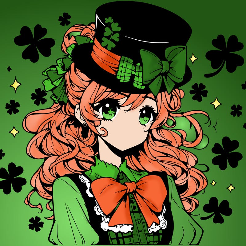 a manga-style girl with clovers around her, a little hat in her hair, like it's saint patrick's day