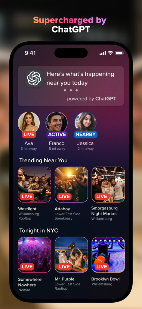 Atmosfy app interface showing AI recommendations and live trending nightlife spots in NYC