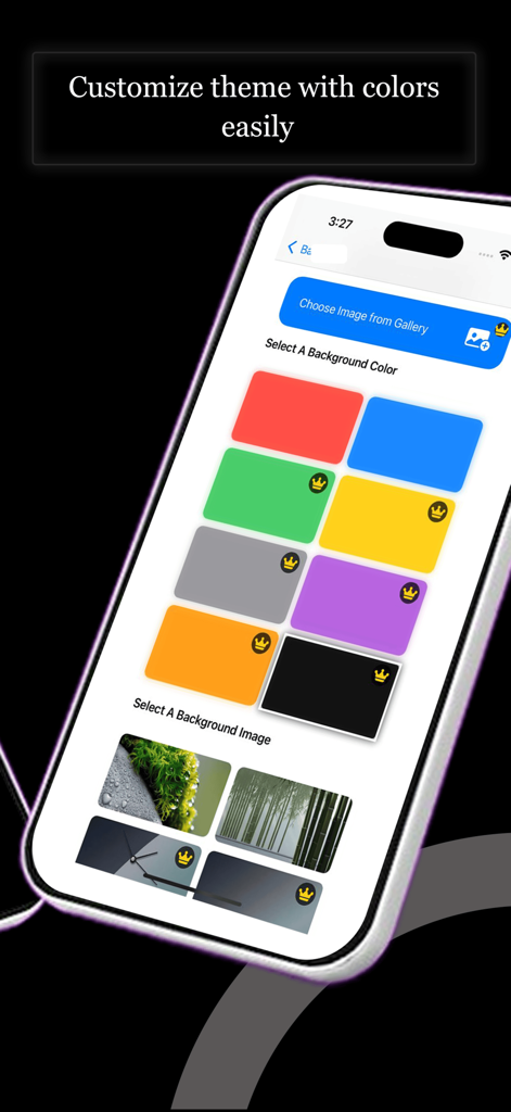 Tela de smartphone mostrando opções de personalização de tema do aplicativo Fliqlo com cores de fundo e imagens.