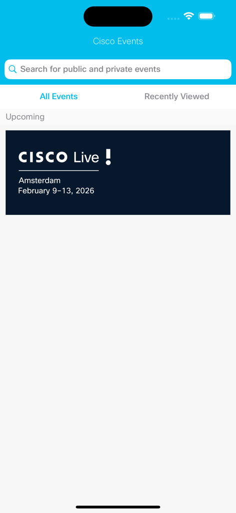 Cisco Events App - Cisco Events App home screen displaying upcoming Cisco Live event listing and search bar