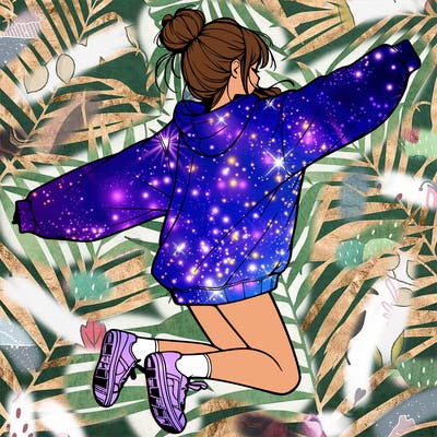 realistic girl jumping with a bun and oversized sweatshirt