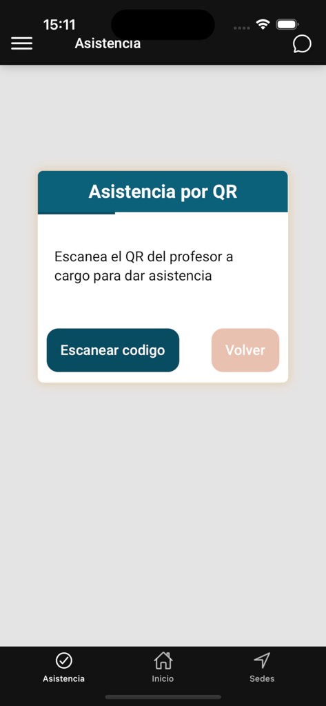 Tela do aplicativo MyUP exibindo o prompt de escaneamento de presença por código QR para aulas universitárias