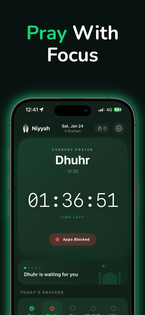 Niyyah app interface on a smartphone showing a countdown for Dhuhr prayer and a notification that distracting apps are blocked