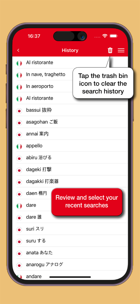 Bildschirm mit dem aktuellen Suchverlauf und der Funktion zum Löschen des Verlaufs in der Japanisch-Italienisch-Wörterbuch-App