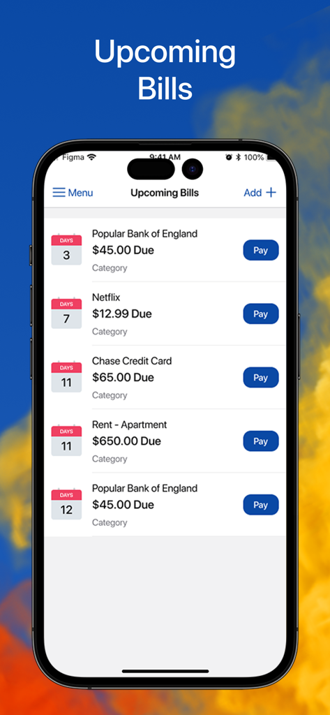 Interface of the Bill Organizer app showing a list of upcoming bills with due dates and payment buttons
