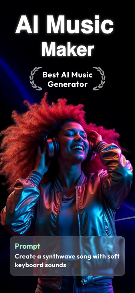 Beatron: AI Music Maker - Beatron AI Music Maker interface showing a text prompt to create a synthwave song