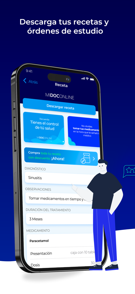 Midoconline mobile app interface displaying a digital medical prescription with diagnostic details and download options.