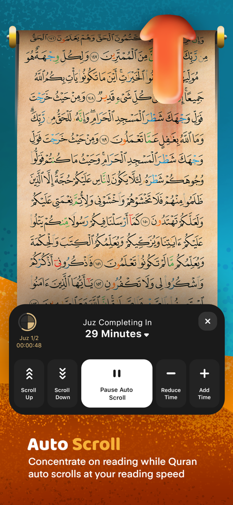 Interface of the Holy Quran app showing the auto-scroll feature with controls for scrolling speed and reading time